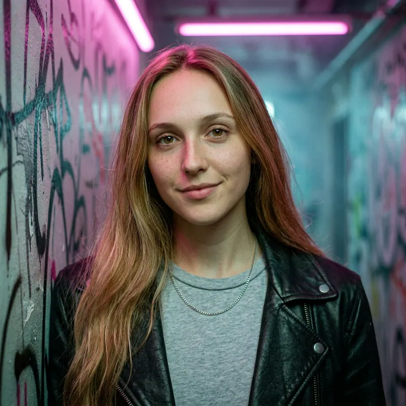 Kayleigh Merez backstage, leaning against a graffiti wall under a magenta neon strip